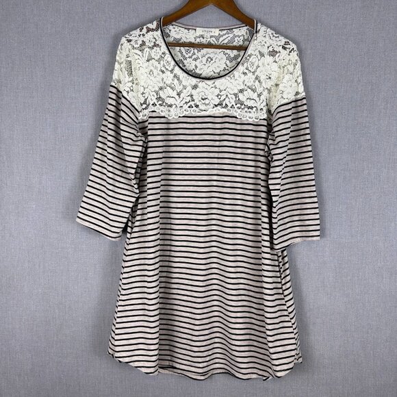 Umgee Dress Women's 1XL Tan Black Striped Tee Shirt Lace Pockets Comfort Casual - Picture 1 of 12